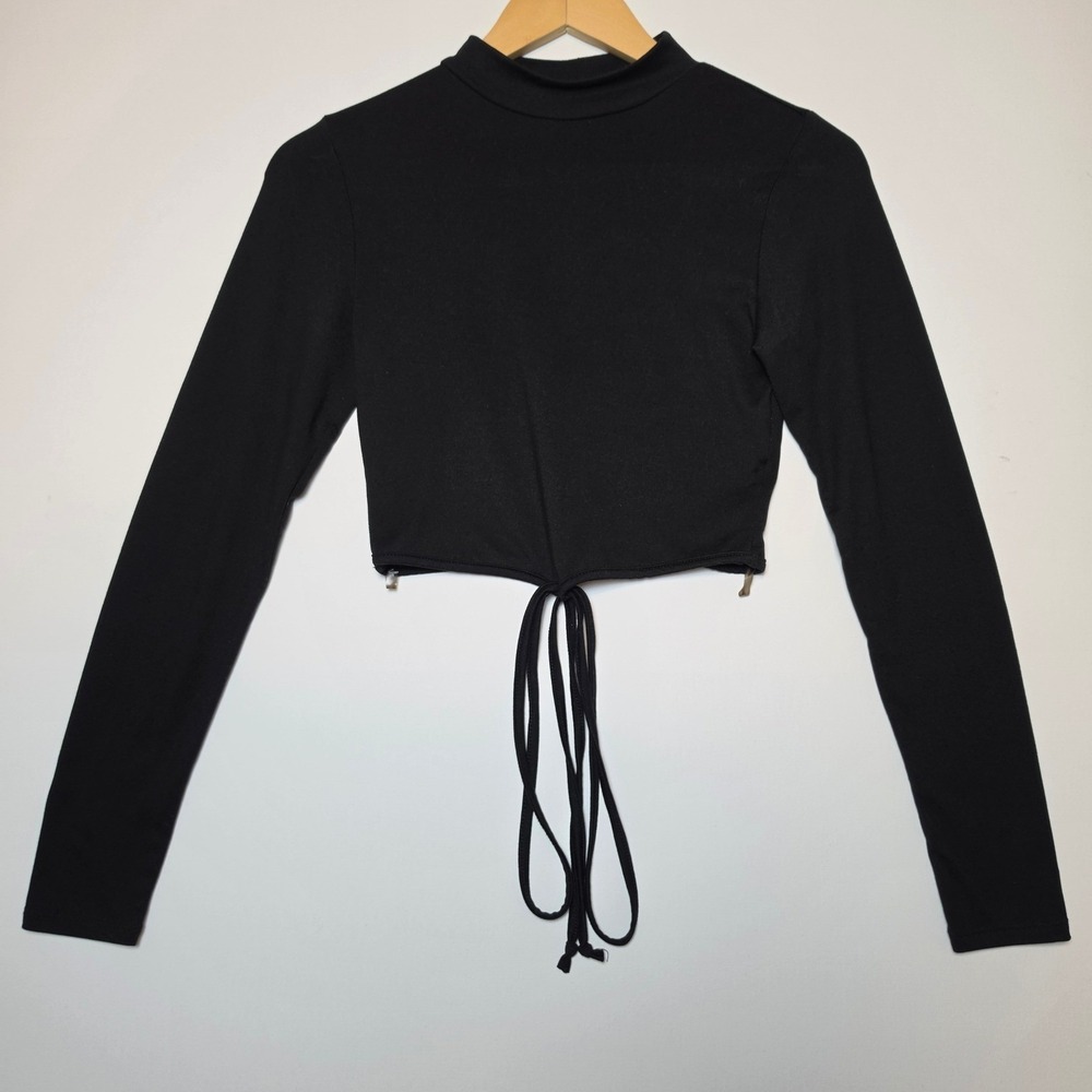 Ambiance Mock Neck Long Sleeve Cinched Front Tie Crop Top Black Size Small